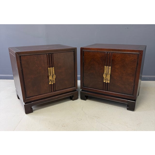 Drexel Pair of Tai Ming Burl Wood Nightstands by Drexel, Asian Modern Style, 1970s For Sale - Image 4 of 13