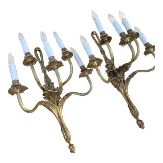 Vintage Gilt Bronze Rococò Style Five-Arm Acanthus Leaf Wall Sconces—A Pair For Sale