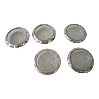 Polished Sterling Silver and Crystal Coasters- Set of 5 For Sale