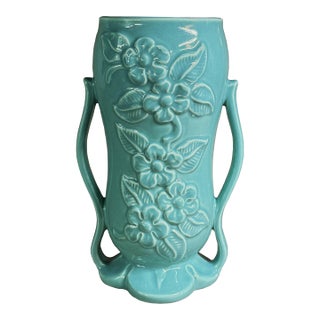 8 Inch Handled Vase MCM Raised Floral Design For Sale