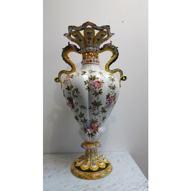 Renaissance Style Hand-Painted Majolica Vase with Flowers and Dragon-Shaped Handles from Nove Bassano, Italy, 1950s For Sale - Image 13 of 17