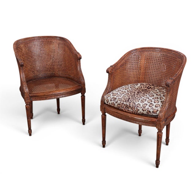 Louis XVI Carved Oak & Cane Barrel-Back Armchairs With Leopard Upholstery-Set of 6 For Sale - Image 4 of 13