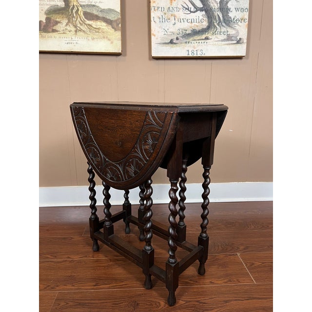 Wood Petite Antique English Side Sofa Table Barley Twist Drop Leaf Gateleg Carved Oak For Sale - Image 7 of 18
