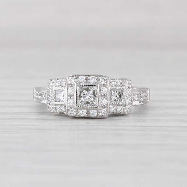 2010s 0.52ctw Diamond Engagement Ring 14k White Gold Size 5.5 3-Stone Halos For Sale - Image 5 of 8