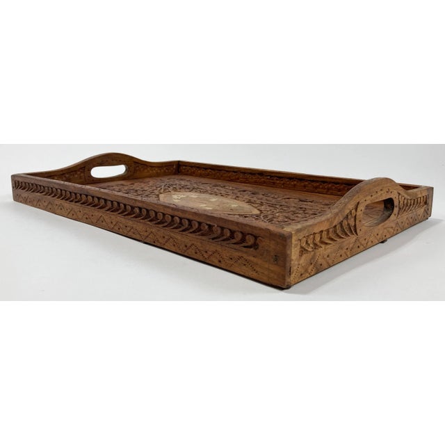 Vintage Indian Hand-Carved Shesham Wood Tray For Sale In Kansas City - Image 6 of 8