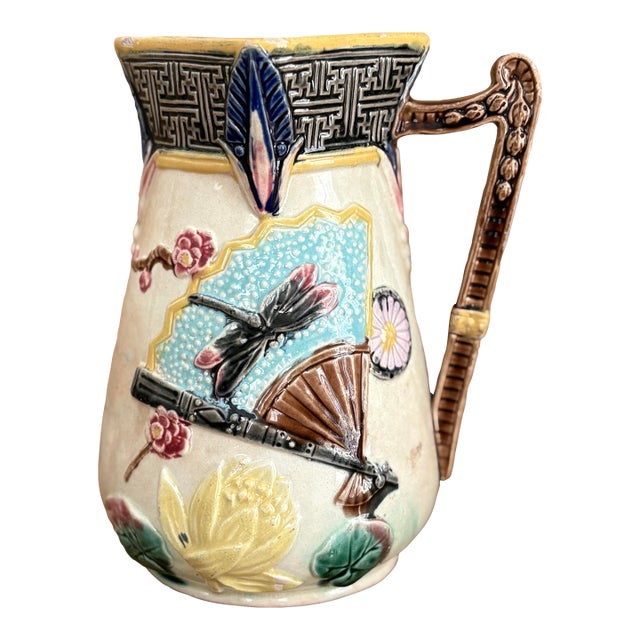 Victorian Majolica Aesthetic Movement Pitcher – Japonisme Lotus, Fans & Dragonfly, c.1880 For Sale