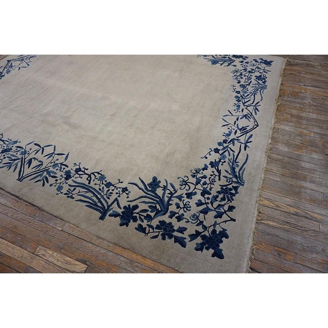 1920s Beige Solid Open Field Floral Antique Chinese Peking Room Size Knotted Rug For Sale - Image 9 of 9