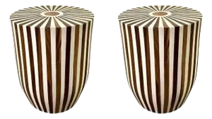 Art Deco Style Brown & White Cylindrical Walnut Resin End Table or Stool, a Pair