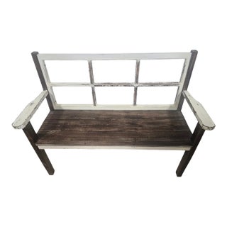Preowned Rustic Farmhouse Architectural Window-Back Bench For Sale