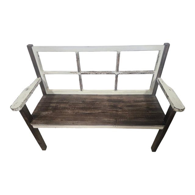 Preowned Rustic Farmhouse Architectural Window-Back Bench For Sale