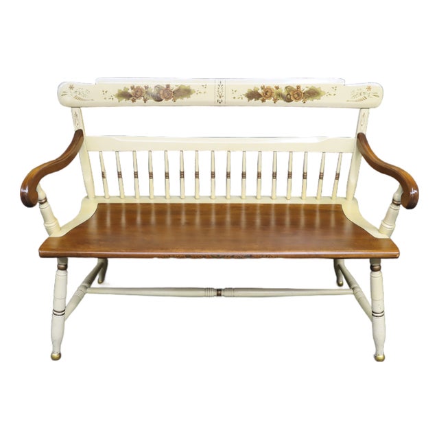 Hitchcock Style Painted Maple Bench With Floral Decoration For Sale