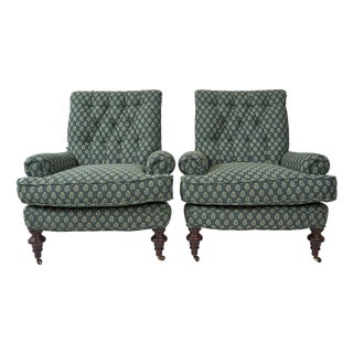 Pair of Tufted Arm Chairs Upholstered in Ferrick Mason Caroline For Sale