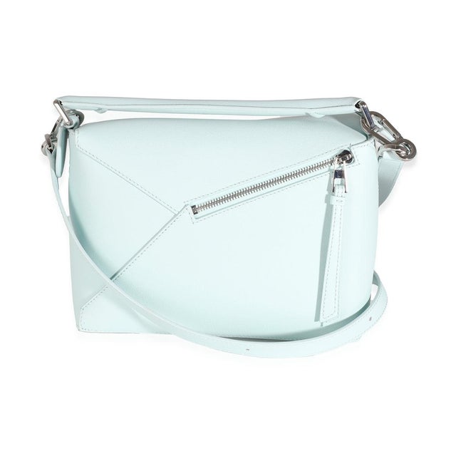 Contemporary Light Blue Grained Calfskin Small Puzzle Edge Bag For Sale - Image 3 of 8