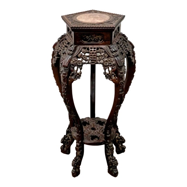 19th Century Chinese Qing Carved Rosewood and Marble Inset Stand For Sale