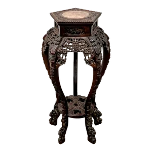 19th Century Chinese Qing Carved Rosewood and Marble Inset Stand
