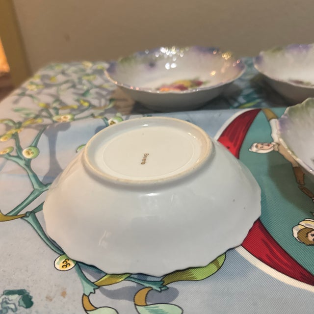 Antique German Porcelain Berry Bowls - Set of 4 - Hand Painted Pink & Yellow Roses - Iridescent Lusterware Scalloped Edge For Sale In Minneapolis - Image 6 of 8