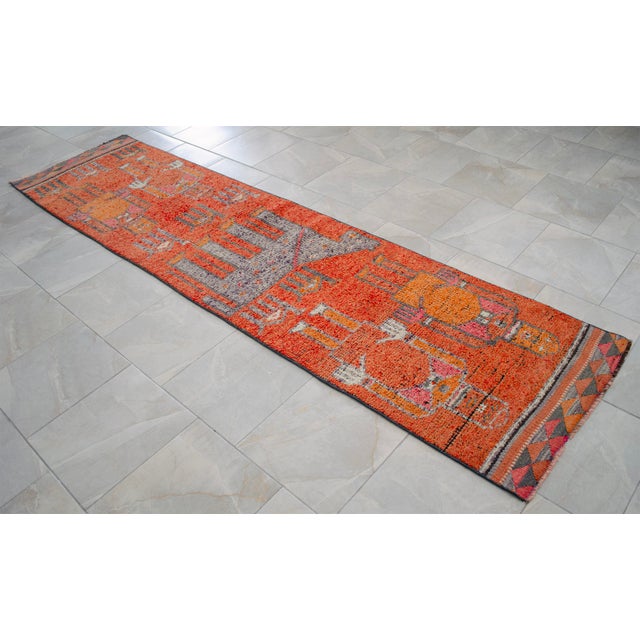 1970s Vintage Hand Knotted Turkish Rug Orange Gray Kitchen Runner 2x11 Rare Mythological Ancient Aliens Motif Rug For Sale - Image 4 of 12
