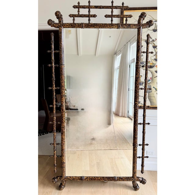 Wood Vintage Monumental William Switzer Faux Tortoiseshell Bamboo Hollywood Regency Wall Mirror, 99” H – English Regency Style, Overscale For Sale - Image 7 of 8