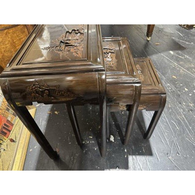 Vintage Engraved Nesting Tables Oriental Rose Wood Beautiful For Sale In Miami - Image 6 of 14