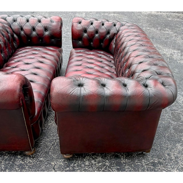 Pair of English Chesterfield Sofas in Burnished Burgundy Leather, Circa 1950s For Sale - Image 11 of 13