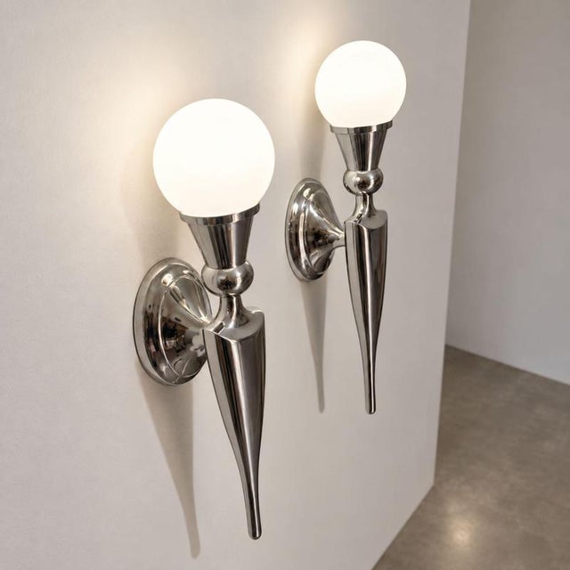 French Art Deco Wall Sconces in Nickel-Plated Aluminum and Glass, Set of 2 For Sale - Image 3 of 9