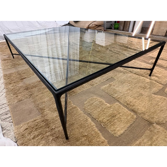 RH Thaddeus Rectangular Coffee Table Forged Bronze | Clear Glass Top Designed by Julie Lawrence Open Box | Excellent...