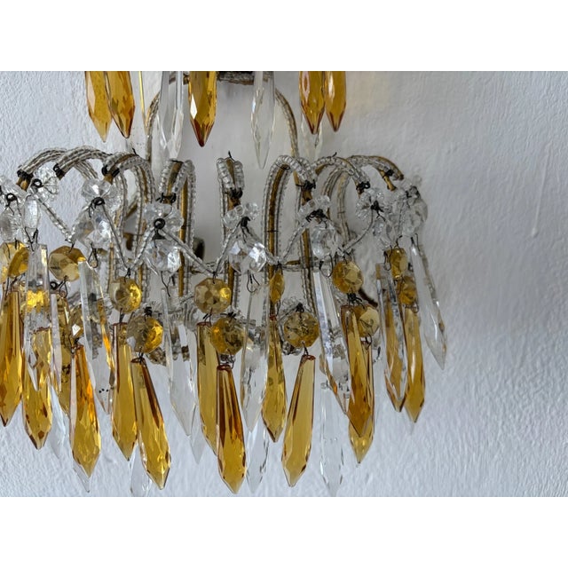 Glass Italian Micro Beaded Yellow Amber & Clear Loaded Crystal Sconces, Circa 1920 For Sale - Image 7 of 11