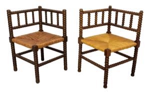 Set of French Turned & Straw Beech Chairs, 1940s
