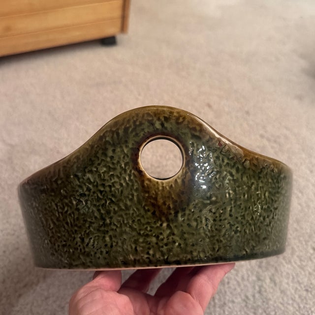 1970s Vintage Rustic Green Glazed Majolica-Style Vegetable Serving Dish With Handles For Sale - Image 5 of 7