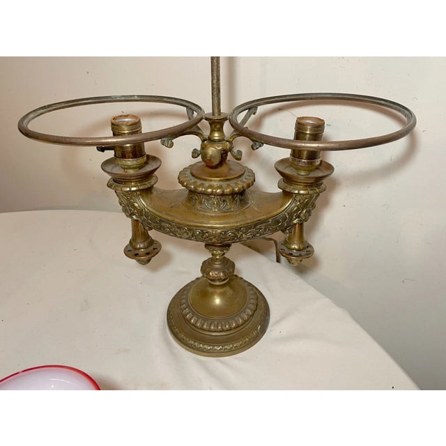 Antique Ornate Solid Bronze Glass Double Harvard Electric Student Desk Lamp For Sale - Image 11 of 12