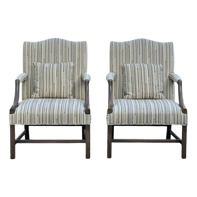 Pair of Late 20th Century Custom Upholstered Chippendale Style Vintage Armchairs With Two Matching Cushions For Sale