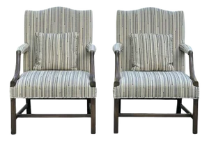 Pair of Late 20th Century Custom Upholstered Chippendale Style Vintage Armchairs With Two Matching Cushions