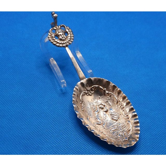 Antique Silver German Hanau Dancing Couple W Dog & Cherub Tea Caddy Sauce or Gravy Spoon For Sale - Image 10 of 10