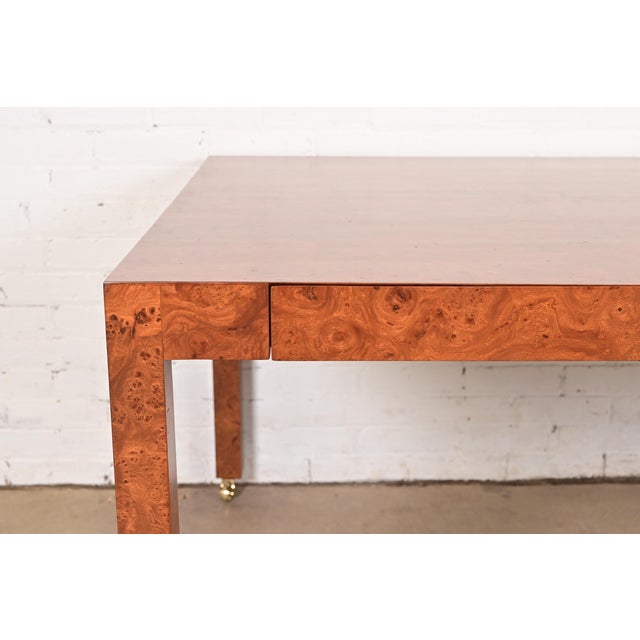 Brown Milo Baughman Style Mid-Century Modern Burl Wood Parsons Dining Table or Executive Desk, Newly Refinished For Sale - Image 8 of 13