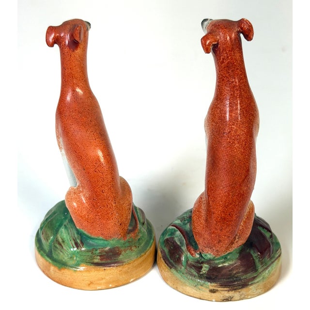 Victorian Pair of Victorian Staffordshire Pottery Seated Whippet Figures, Circa 1860 For Sale - Image 3 of 13