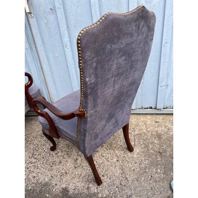 Late 20th Century Pair Hancock & Moore Mahogany Gray & Purple Suede Leather Armchairs For Sale - Image 12 of 12
