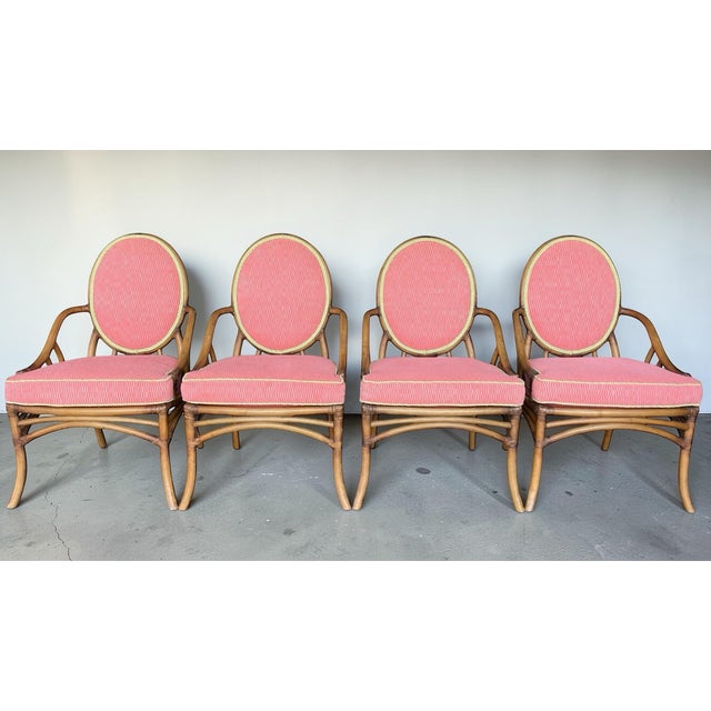 Ficks Reed Vintage Medallion Back Rattan Dining Chairs With Custom Green and Pink Upholstery– Set of 4 For Sale - Image 4 of 12