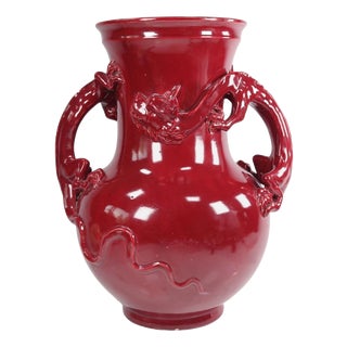 Chinese Sang de Boeuf Glazed Ceramic Dragon Vase with Relief Handles, 1890s For Sale
