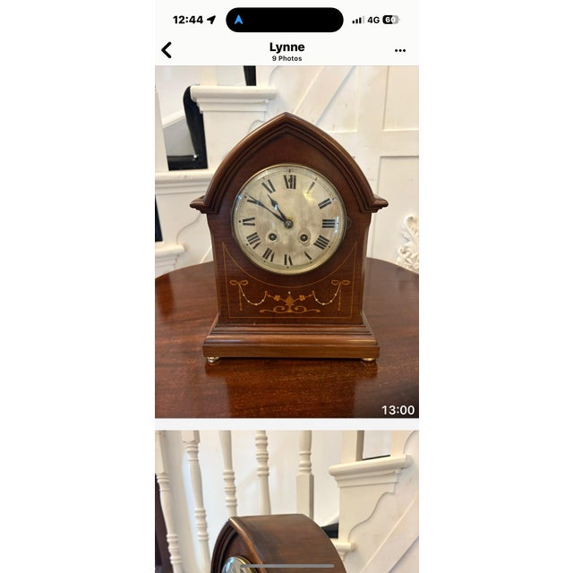 A refined and beautifully proportioned Edwardian mahogany mantel clock of elegant Gothic-arched form decorated with...