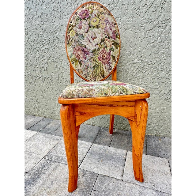 Traditional Vintage 1993 Handmade Solid Oak Cushioned Vanity Chair For Sale - Image 3 of 12