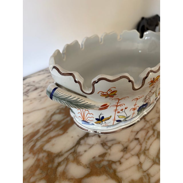 Gorgeous colorful hand painted chinoiserie jardiniere made for Tiffany & Co. It is a faience glazed piece in beautiful...