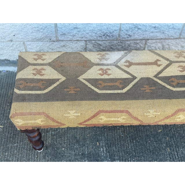 Mid 20th Century Mid 20th Century Upholstered Bench With Kilim Style Fabric and Turned Wood Legs For Sale - Image 5 of 12