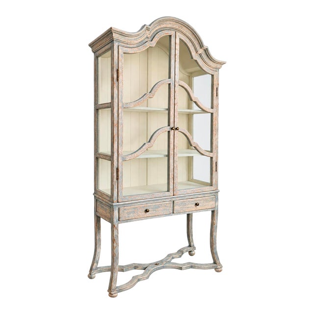 Vintage French Country Carved Pine Curio Cabinet & China Hutch For Sale