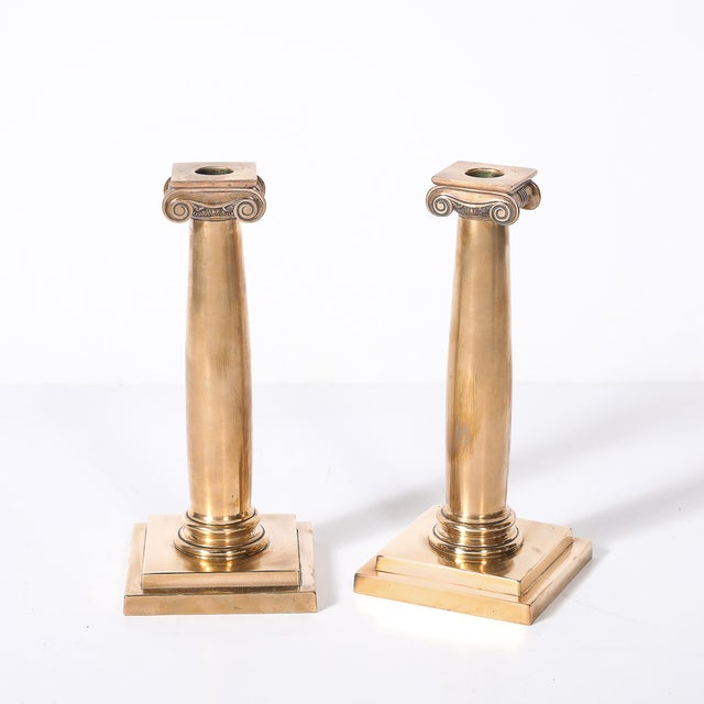 1920s Art Deco Solid Bronze Plinth Base Corinthian Style Candleholders Signed Gorham For Sale - Image 5 of 15