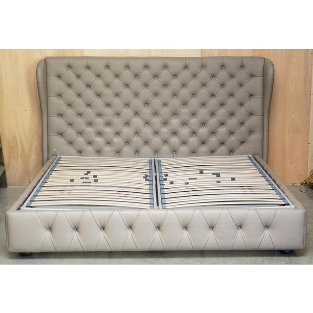 Handmade in italy emperor sized grey leather chesterfield tufted roche bobois maestro bedframe with tension adjusting...