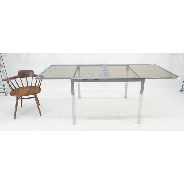 Flip Top 40" Square Crome Base Smoked Glass Top Dining Table 84" Extended Clean! For Sale - Image 6 of 18
