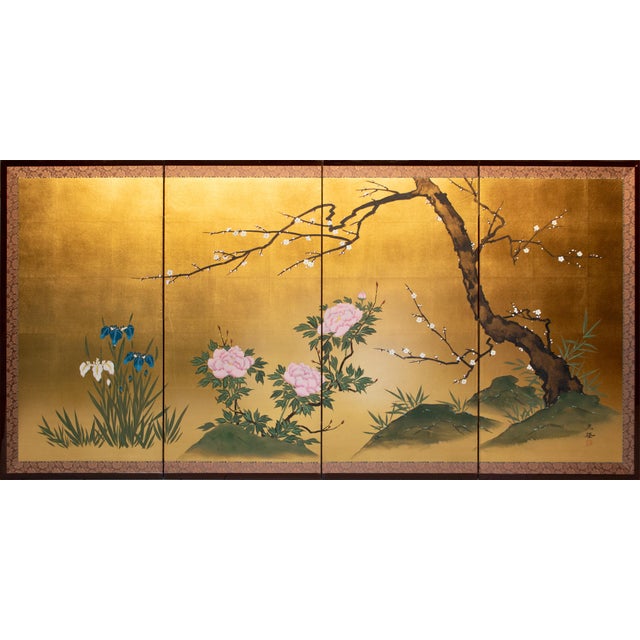 "Plum Blossom, Peonies and Irises" by Kokei, Showa Era Japanese Byobu Screen For Sale - Image 18 of 18