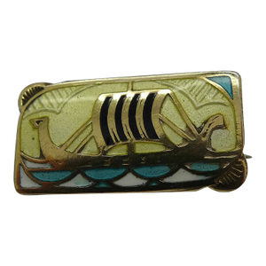 Decorative Antique 19th Century Silver Gilt & Enamel Viking Ship Brooch, Signed Gustav Gaudernack