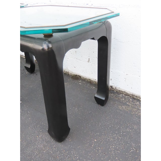 Hollywood Regency Black Painted Glass Top Side Tables a Pair 6901 For Sale - Image 12 of 18