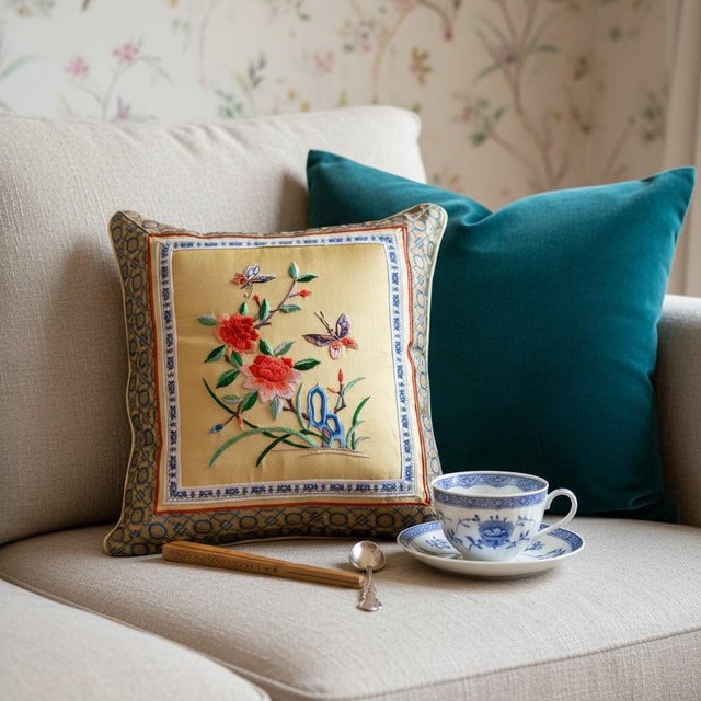Vintage Chinese Silk Embroidered Pillow-Beijing-Peony Butterfly-Chinoiserie-Asia For Sale - Image 10 of 10